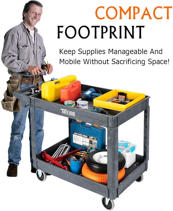 TUFFIOM Plastic Service Utility Cart with Wheels, 550lbs Capacity, Heavy Duty Tub W/Deep Shelves, Multipurpose Rolling Extra Large 2-Tier Mobile Storage Organizer, Warehouse Garage Industrial Cart