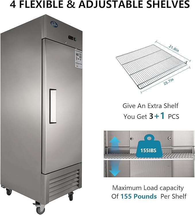 JINSONG 27" Commercial Freezer with Single Solid Door, 23 cu.ft Stainless Steel Reach-in Freezer for Restaurant, Bar, Shop, Residential, with 4 Shelves and 4 wheels