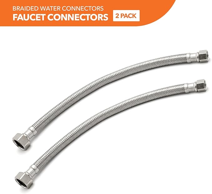 Stainless Steel Braided Water Connectors with Reinforced PVC Inner Hose for Faucets, 3/8" Compression x 1/2" FIP, 30" Length (2Pack)