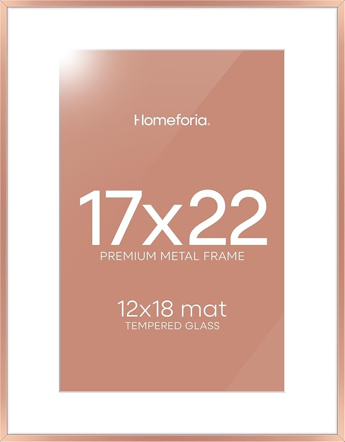 Homeforia 17x22 Picture Frame Rose Gold, High End Metal 17x22 Poster Frames with Mat 12x18 Photo, 17 x 22 Rose Gold Frame Matted to 12 by 18 Print, 22x17 Thin Frame, Tempered Glass, Wall Kit, Set of 1