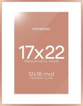 Homeforia 17x22 Picture Frame Rose Gold, High End Metal 17x22 Poster Frames with Mat 12x18 Photo, 17 x 22 Rose Gold Frame Matted to 12 by 18 Print, 22x17 Thin Frame, Tempered Glass, Wall Kit, Set of 1