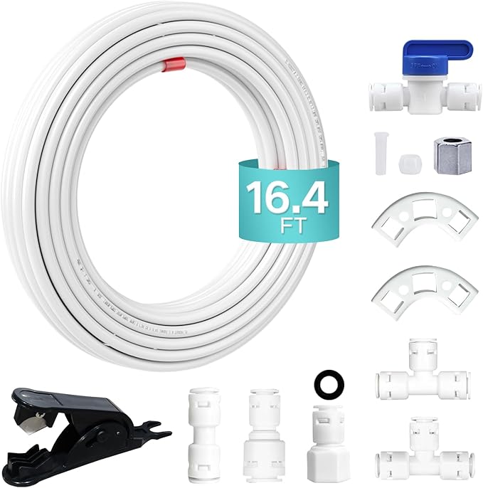 16.4 feet Refrigerator Water Supply Hose Kit Compatible with RO Reverse Osmosis Systems and Ice Maker Water Supply Assemblies Faucet Water Filter Connector Quick-Connect Fitting Water Hose Splitter