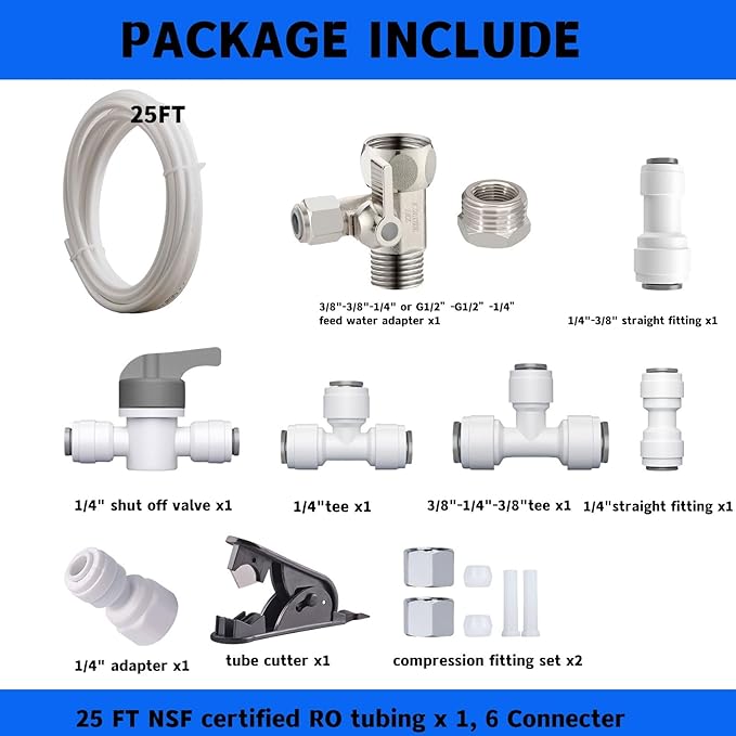Refrigerator Water Line Kit Connection and 1/4 Compression Ice Maker Installation Kit,O.D. 25 FT Water Tubing with Feed Water Adapter and Quick Fittings for RO Filter System