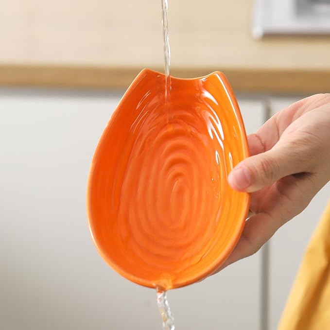 Spoon Rest, Porcelain Spoon Holder for Stove Top, Cooking Utensil Rest Kitchen Gadget Spoon Cradle for Spatula, Ladle, Tongs and Knife, Orange