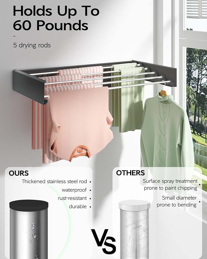 Vikaqi Wall Mounted Clothes Drying Rack 32", Foldable Wall Mount Laundry Rack - Image 4