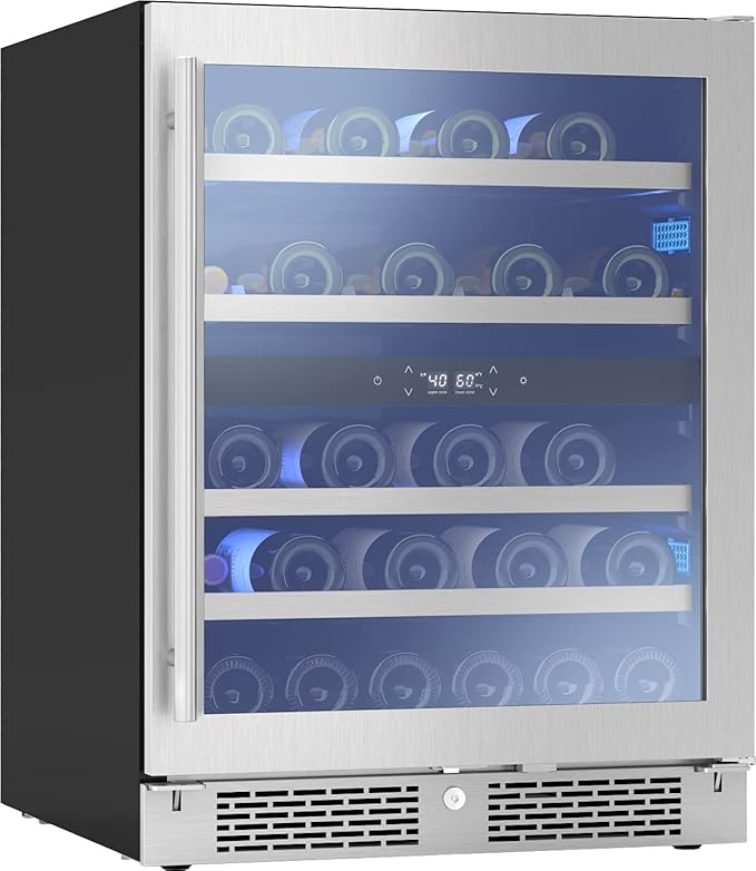Zephyr Presrv 24" Wine Fridge ADA Dual Zone Under Counter - Countertop Mini Wine Cooler Cellars Small Cabinet Wine Refrigerator Home Bar Chiller Freestanding with Glass Door - 37 Bottles 750ml