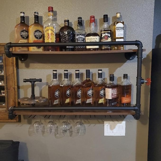 Wine Rack Wall Mounted 2 Tier, Hanging Floating Bar Liquor Shelves with Glass Holder Storage Under, Industrial Rustic Pipe Farmhouse Kitchen Decor Black(35.4x10.6x19.7)