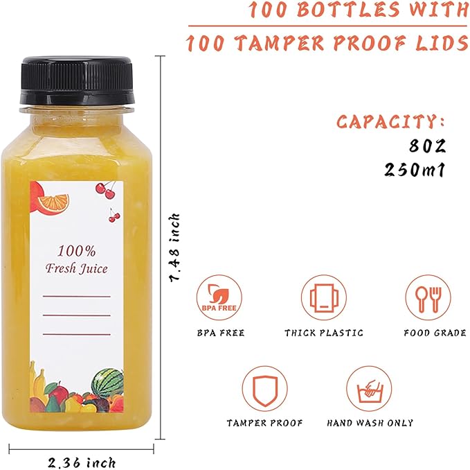Plastic Juice Bottles 150 pcs 8 oz Empty Plastic Water Bottles with Caps Reusable Clear Beverage Containers for Drinking, Juicing, Smoothie, Water with 2 Brushes, 2 Funnels, 160 Stickers (8 OZ)