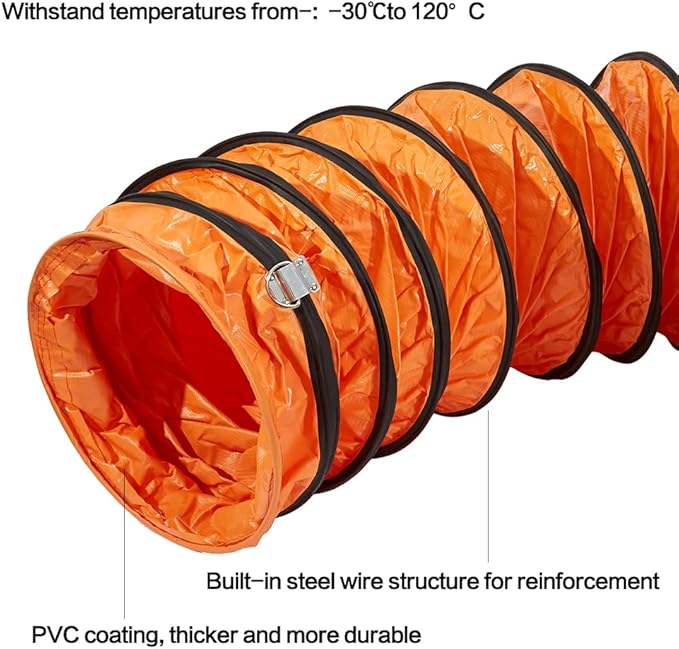 PVC Flexible Duct Hose, HVAC Duct Hosing Flame Retardant for 8in Ventilator Utility Blower Fan with Adjustable Rope and D-Ring, Easy Storage (8inx16ft)
