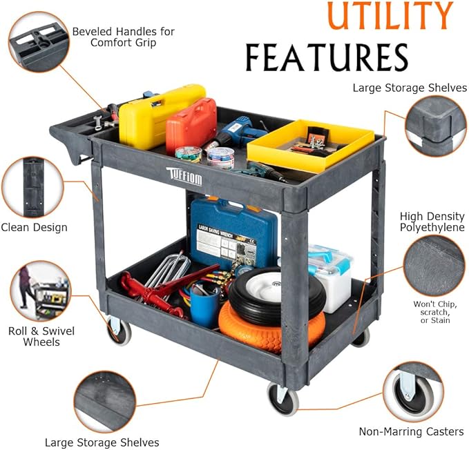 TUFFIOM Plastic Service Utility Cart with Wheels, 550lbs Capacity, Heavy Duty Tub W/Deep Shelves, Multipurpose Rolling Extra Large 2-Tier Mobile Storage Organizer, Warehouse Garage Industrial Cart