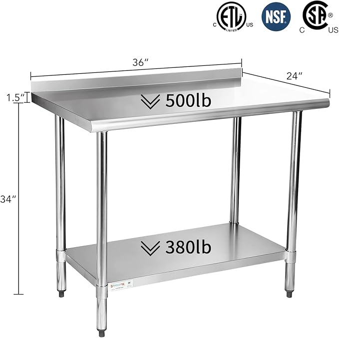 STABLEINK NSF Stainless Steel Prep & Work Table 36x24 Inches, Heavy Duty Metal Table with Backsplash and Undershelf for Commercial Kitchen, Restaurant, Home, Laundry Room and Garage