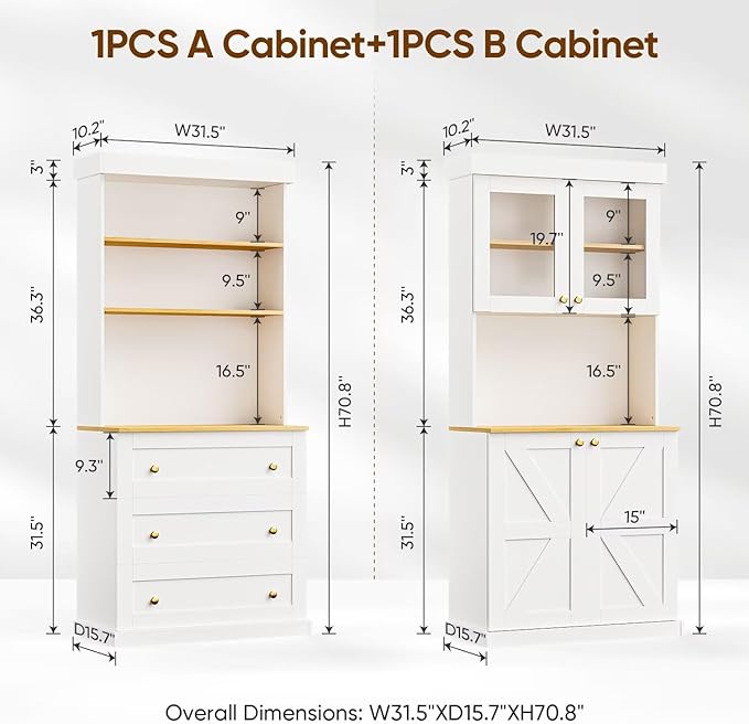 71" Farmhouse Kitchen Pantry Cabinet Set, White Freestanding Storage Hutch with Glass Doors, Drawers & Countertop, Microwave Stand & Coffee Bar, Adjustable Shelves, 2-Piece