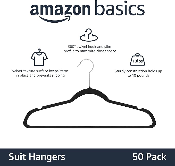 Amazon Basics Slim Velvet Non-Slip Space Saving Suit Clothes Hangers, Closet - Image 2