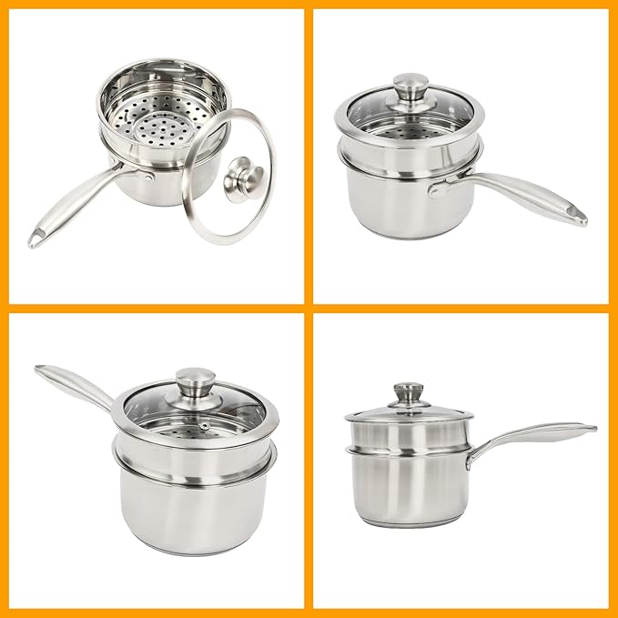 Steamer 18cm/7.08in, 2-tier Polished Stainless Steel Steam Cooker w/Clear Lid, 14cm/5.51in Saucepan w/ 19cm/7.48in Handle, Home Stackable Steam Pot for All Stoves (1xBottom Pot, 1xSteaming Basket)