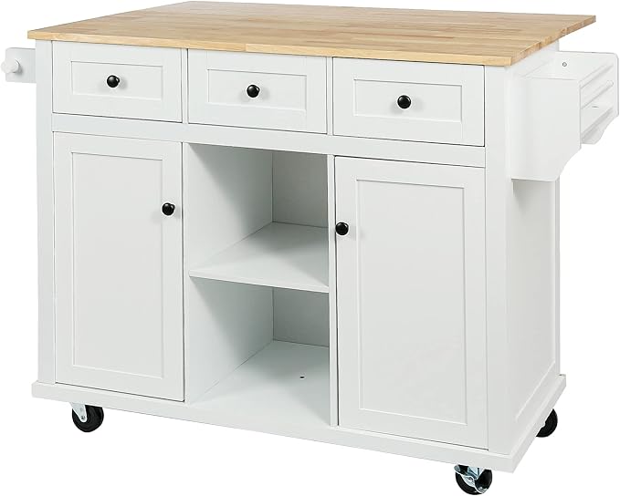 Merax Rolling Mobile Kitchen Island Cart Breakfast Bar with Wood Top, Door Internal Storage Racks, 3 Drawers and 5 Wheels for Dining Room