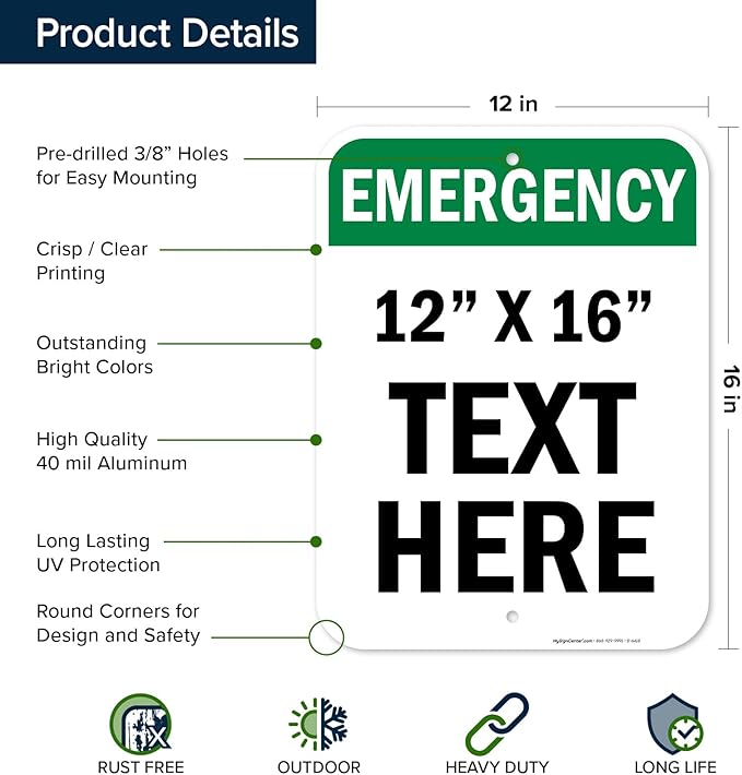 Custom Emergency Sign, OSHA Sign, 12x16 Inches, Post Holes, Rust Free .040 Aluminum, Fade Resistant, Indoor/Outdoor Use, Made in USA by My Sign Center