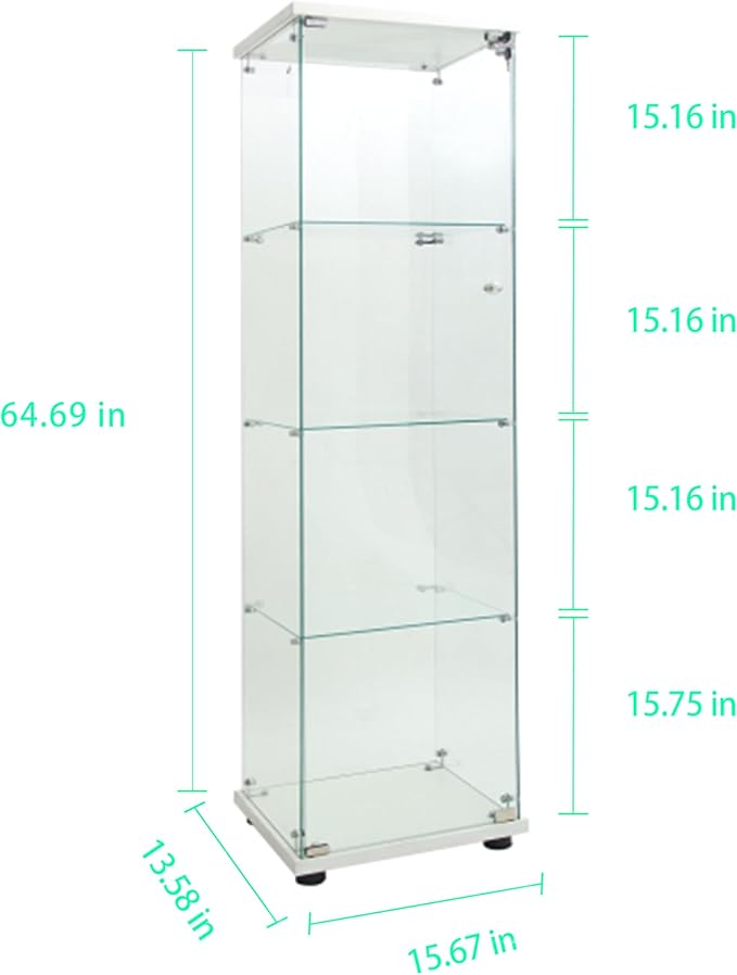 Yoluckea 4 Tiers Glass Display Cabinet with Paipai Light, 1 Door Floor Standing Curio Cabinet with Adjustable Floor Feet for Home Office Corner Display, White Glass Bookshelf for Collections and Decor