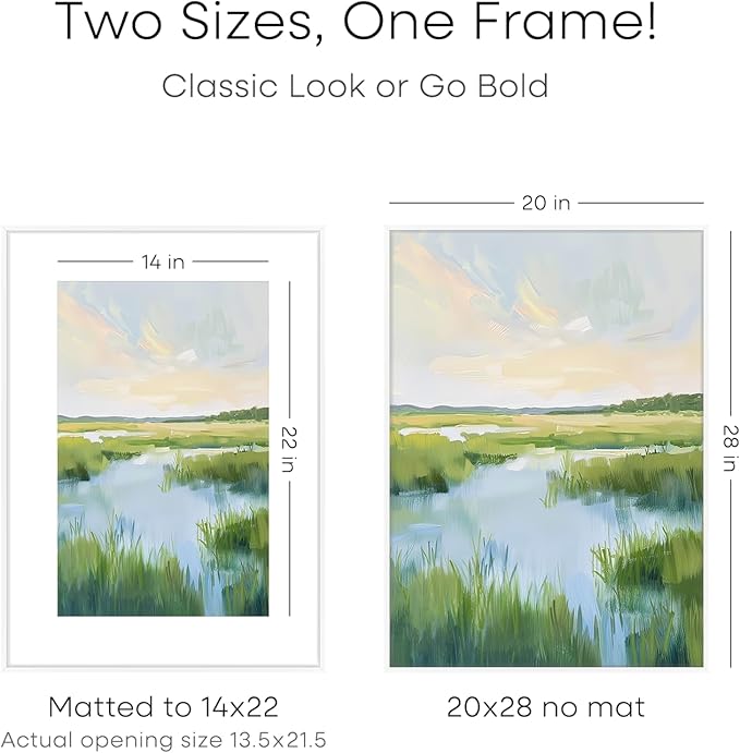 Homeforia 20 x 28 Picture Frame White, High End Metal 20x28 Poster Frames with Mat 14x22 for Photo, 20 x 28 White Frame Matted to 14 x 22 Print, 28x20 Hanging Frame, Tempered Glass, Wall Kit, Set of 1
