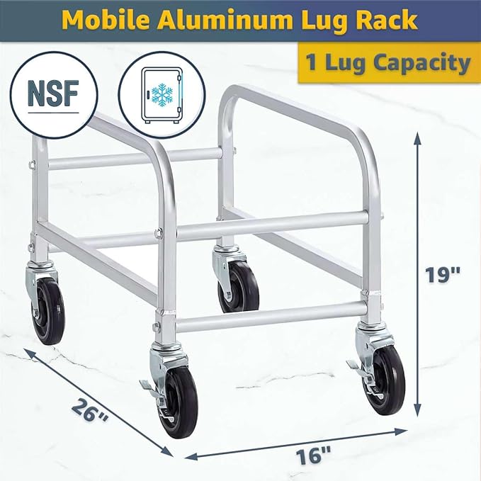 16"x26"x19" Mobile Aluminum Lug Rack - 1 Lug Capacity, NSF Commercial Portable Cart with 5" Swivel Casters and Brakes, Heavy-Duty 150 lb Capacity Storage Rack, Freezer Safe, Utility Dolly+K5