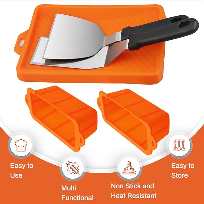 Silicone Grease Cup Liners & Spatula Mat For 36 28 22 17 Inch Blackstone Griddle Grease Catcher Grill Grease Tray Blackstone Accessories, Reusable Grill Drip Pans, Orange