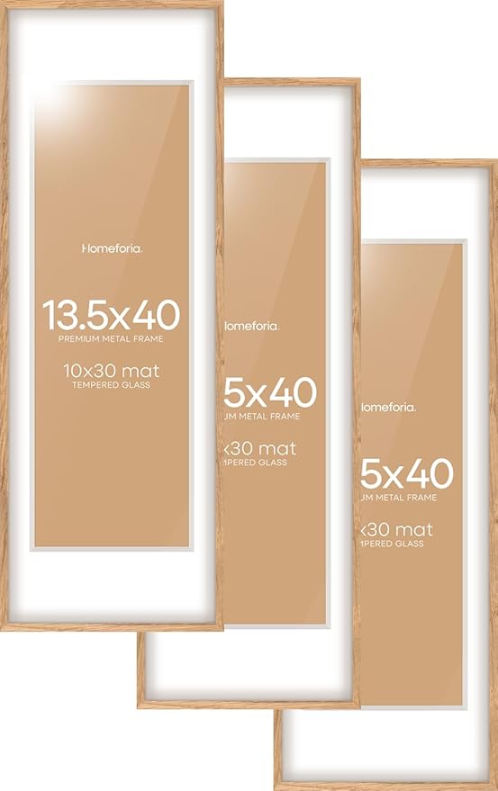 Homeforia 13.5x40 Wood Frame, High End Natural Oak 13.5x40 Light Wooden Picture Frame with Mat 10x30, 13.5 x 40 Poster Frames Matted to 10 by 30 Art, 40x13.5 Frames, Tempered Glass, Wall Kit, Set of 3