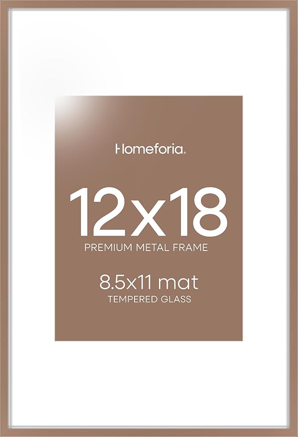 Homeforia 12x18 Picture Frame Mocha, High End Metal 12x18 Poster Frames with Mat 8.5x11 Photo, 12 x 18 Mocha Frames Matted to 8.5 by 11 inch Print, 18x12 Thin Frame, Tempered Glass, Wall Kit, Set of 1
