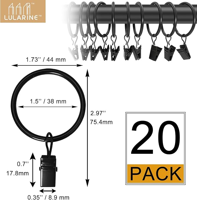 20 Pack Curtain Rings with Clips 1.5" Interior Diameter, Metal Drapery Clips - Image 2