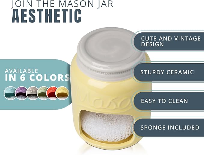 Comfify Yellow Mason Jar Ceramic Sponge Holder – Farmhouse Sink Caddy - Image 2