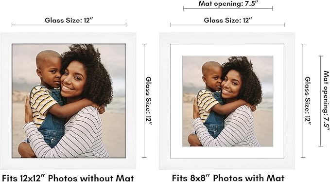 Americanflat 12x12 Picture Frame with Shatter-Resistant Glass - Use as 8x8 Frame with Mat or Display 12x12 Photo Without Mat - Signature Collection - Square Frames for Wall Display - White