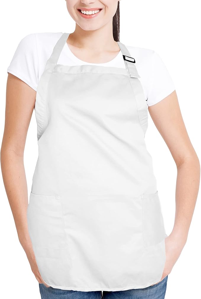 DALIX Apron Commercial Restaurant Home Bib Spun Poly Cotton Kitchen Aprons (2 Pockets) in White 2 Pack