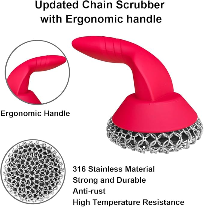 Cast Iron Scrubber with Pan Scraper & Towl, 316 Chainmail Scrubber with Long Handle, Upgraded Chain Mail Scrubber Cleaner for Grill Pan Skillet Wok Carbon Steel Dutch Oven Metal Brush (Red)