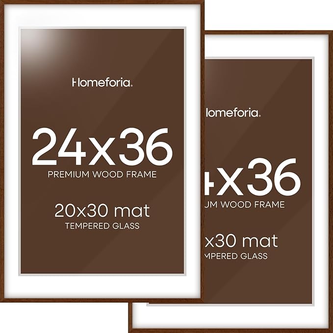Homeforia 24x36 Walnut Wood Frame, High End Dark Oak 24x36 Large Wooden Poster Frame with Mat 20x30, 24 x 36 Brown Picture Frame Matted to 20 x 30, 36x24 Thin Frame, Tempered Glass, Wall Kit, Set of 2