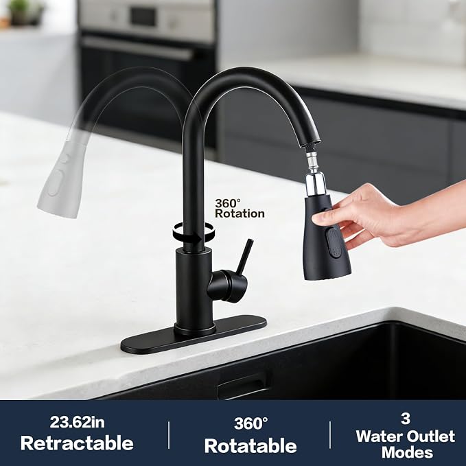 Kitchen Faucet with Pull Down Sprayer，Black Kitchen Sink Faucet，High Arc Single - Image 2