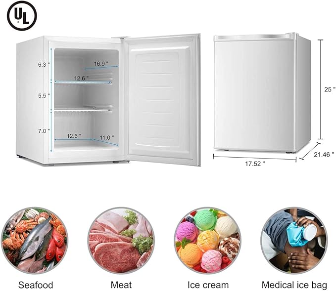 Antarctic Star 2.1 Cu.Ft Upright Freezer, Ultra-Compact Mini Freezer with Reversible Door, 7-Temp Control, Removable Shelves, Stainless Steel for Dorm, Home, Office, White