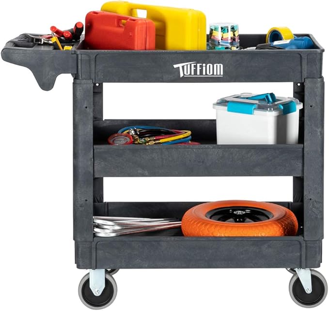 TUFFIOM Plastic Service Utility Cart with Wheels, 550lbs Capacity, Heavy Duty Tub W/Deep Shelves, Multipurpose Rolling 3-Tier Mobile Storage Organizer, for Warehouse Garage Industrial Cart