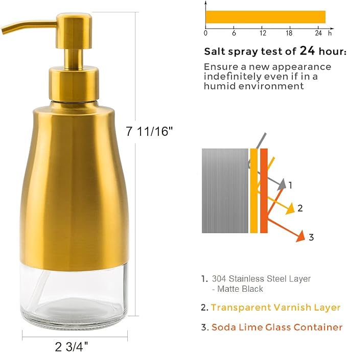 Gaussra Gold Soap Dispenser - 11 OZ / 320 ML | Brushed Gold Stainless Steel - Image 4