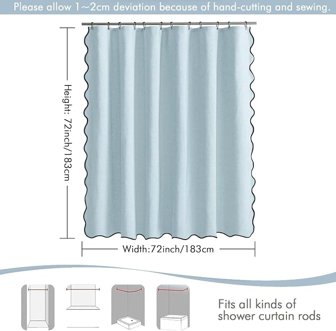 MIULEE Fog Blue Scalloped Linen Shower Curtain 72x72 Inches - Image 6