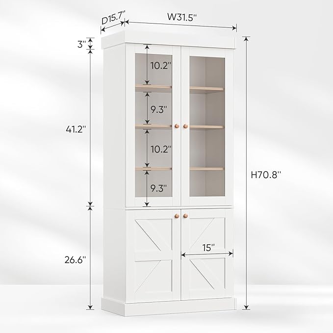 Vyre 71" Tall Farmhouse Kitchen Pantry, Large Storage Cabinets with Glass Doors, Adjustable Shelves, Wood Versatile Hutch Cabinet for Dining Room, Set of 2, White