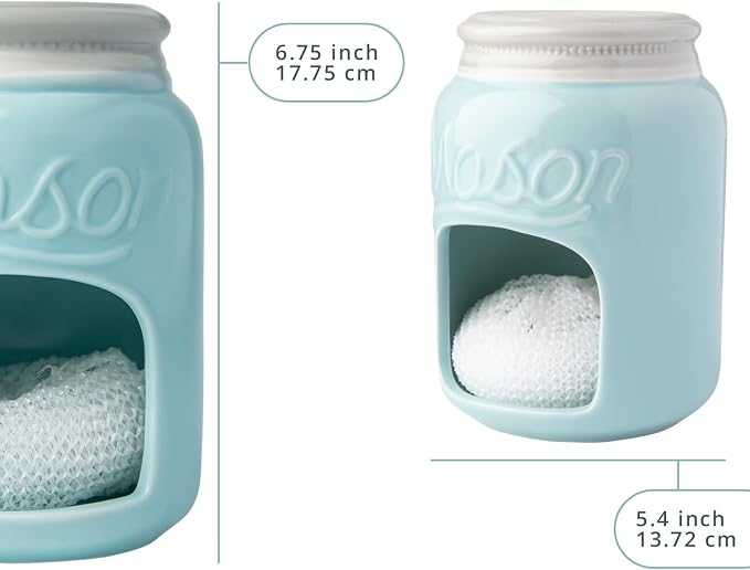 Comfify Aqua Blue Mason Jar Ceramic Sponge Holder – Farmhouse Sink Caddy - Image 3
