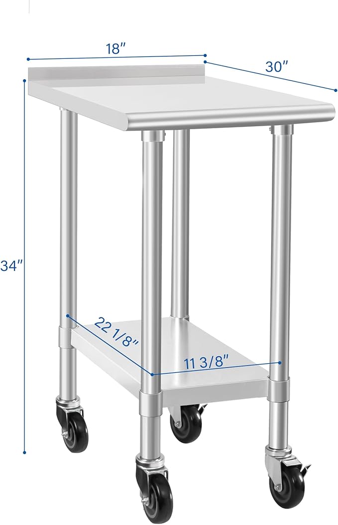 HARDURA Stainless Steel Commercial Work Table with Wheels Prep & Work Metal Table 30×18 Inches Heavy Duty NSF with Casters and 2" Backsplash