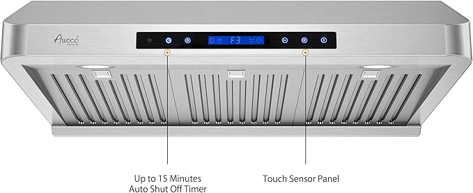 Awoco 36” Supreme 7” High Stainless Steel Under Cabinet Range Hood 4 Speeds, 8” Round Top Vent, 1000CFM 2 LED Lights, Remote Control & External Oil Collector (RH-S10-36S)
