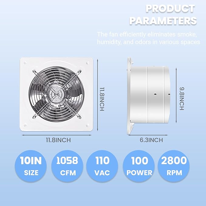 10" Kitchen Exhaust Fan with Variable Speed Controller, 1058CFM Wall Mount Ventilation Fans, Metal Attic Exhaust Fan, Small Fume Extractor Ventilation Fan for Kitchen Bathroom Shop Smoking Room Garage