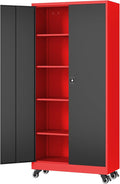 Metal Rolling Storage Cabinet-74.6” Tall Steel File Cabinets with Wheels Lockable Doors and Adjustable Shelves-Black & Red Steel Storage Cabinet for Home, School, Office, Garage