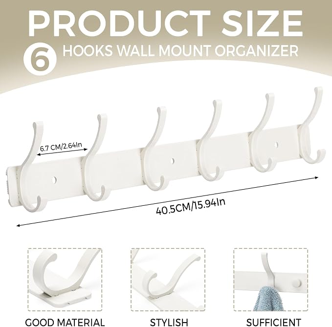 Wall Mount Coat Rack 1 Pack, Smooth Hook Edges, Screw Installation, Double - Image 2