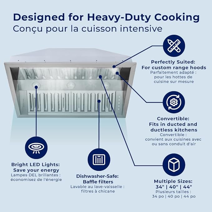 Hauslane Range Hood Insert 40 Inch Pro-Style - Stainless Steel Built-In Vent with 800 CFM Suction, Quiet Operation, LED Lights, 3-Speed Fan, 21" Deep, Ducted/Ductless Convertible for Insert Mount