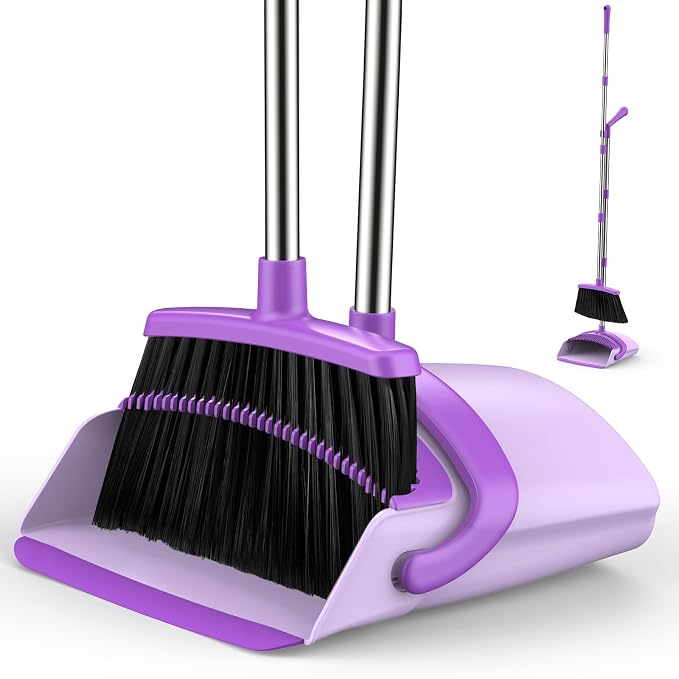 Broom and Dustpan Set for Home, 51-in Long Adjustable Handle Angle Broom and by EZKEY