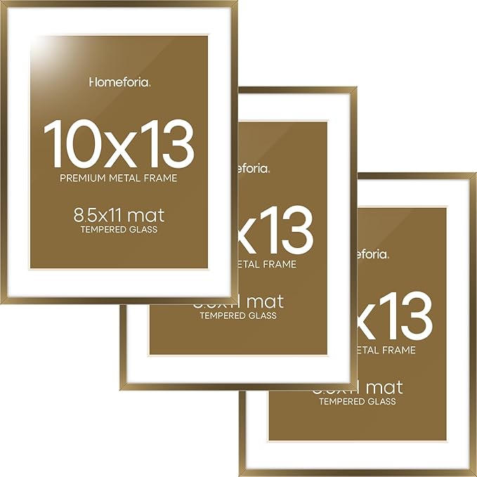 Homeforia 10x13 Bronze Picture Frame, High End Metal 10x13 Brass Frames with Mat 8.5x11, 10 x 13 Poster Frames Matted to 8.5 x 11 inch Photo, 10 by 13 Bronze Frames, Tempered Glass, Wall Kit, Set of 3