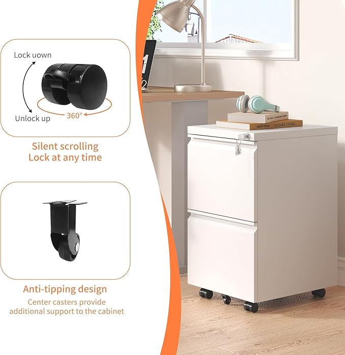 Fully Assembled 2 Drawer File Cabinet, Locking Full Steel Filing Cabinet, Quiet Slides, Anti-Tipping Wheels, Fits A4/Letter/Legal, for Home & Small Office, Matte White