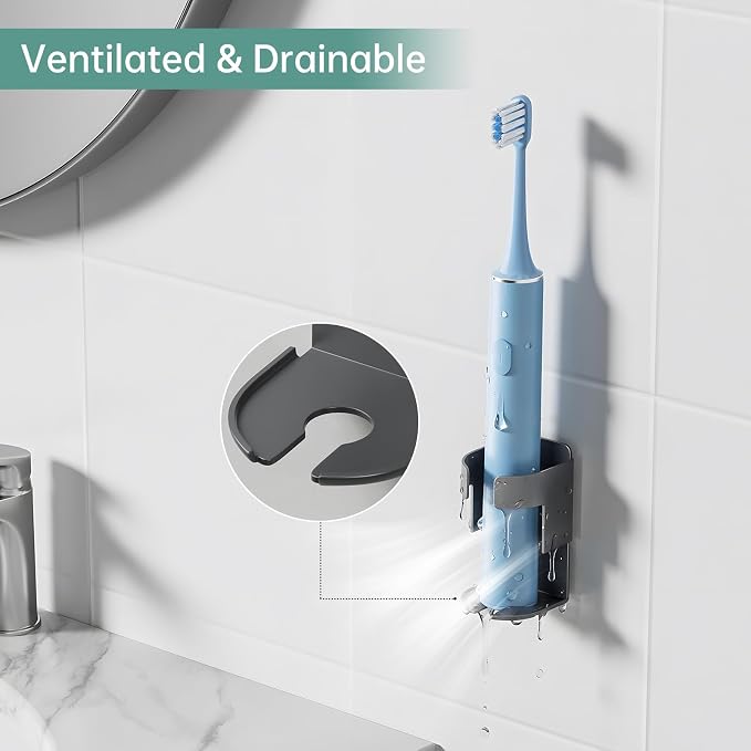 Adhesive Electric Toothbrush Holder Wall Mounted, Aluminum Black 2 Pack | - Image 2