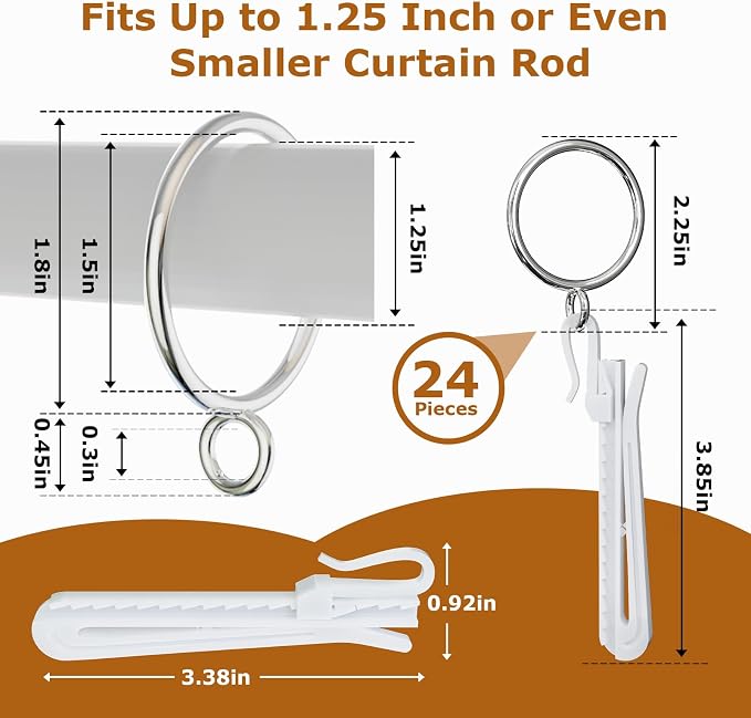 1.5 Inch Curtain Rings with Hooks, 24 Pack Silver Metal Drapery Rings with Pins - Image 2